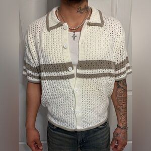 Boohoo Cream Knit Short Sleeve Cardigan with Taupe Stripes